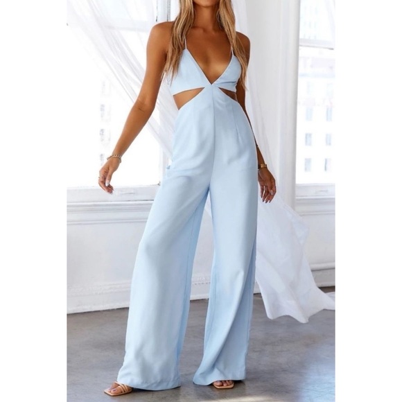 Blue Sleeveless V-Neck Open Back Backless Cut Out Wide Leg Jumpsuit Playsuit - Picture 8 of 9